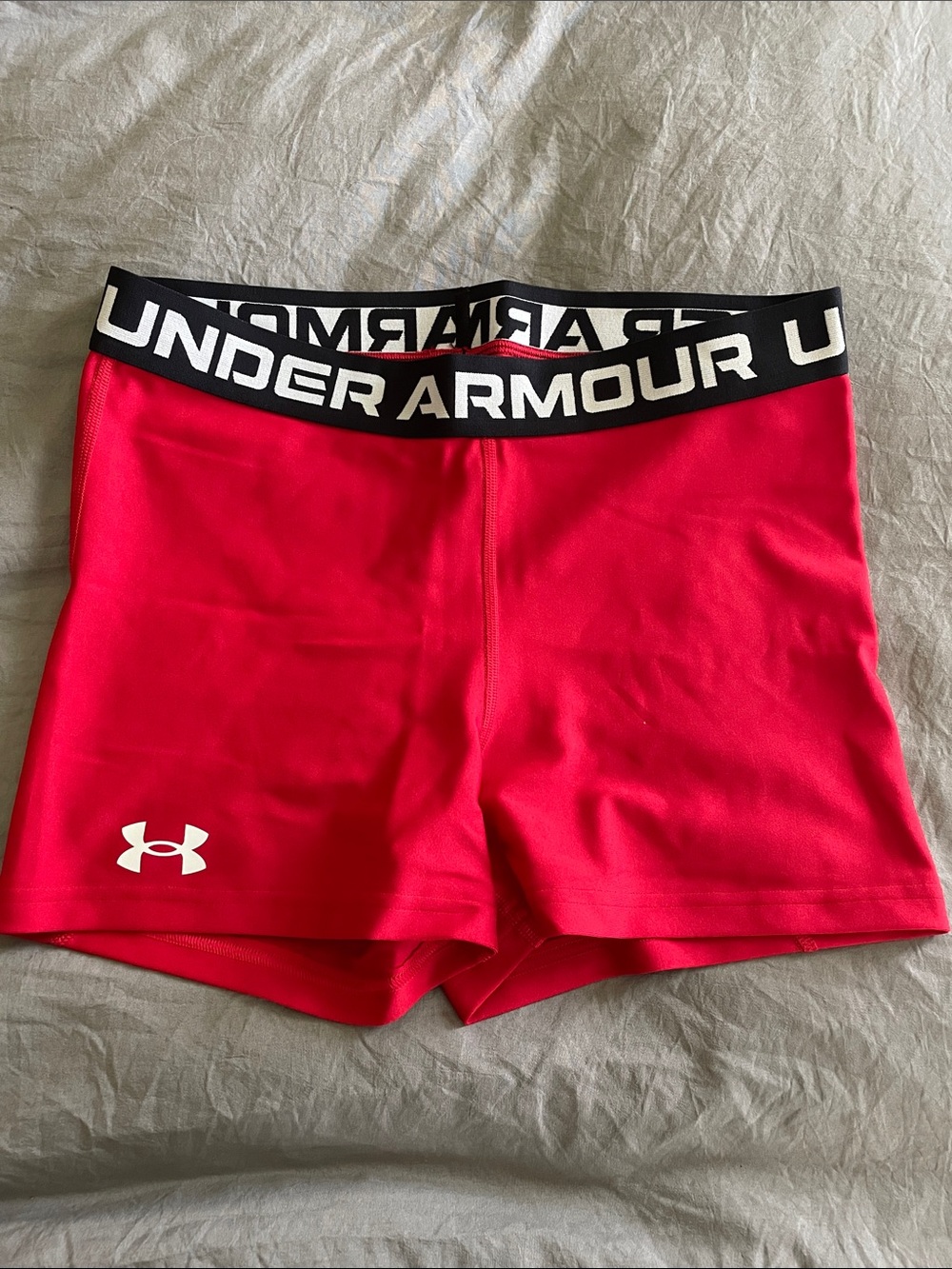 Under Armor Red Athletic Compression Shorts with Black Waistband